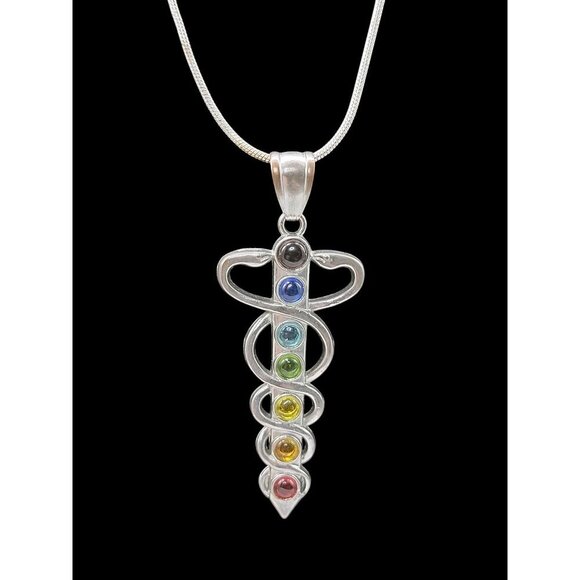 Chakra Healing Caduceus Pendant Necklace Faux Gemstones 35" Chain Silver Tone - Picture 11 of 16
